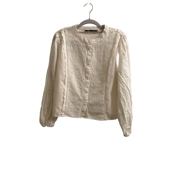 Zara Women’s White Top Ruffles Eyelet Size XL Peasant Cottage Core Boho - Picture 1 of 5